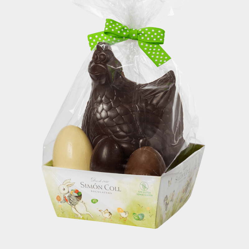 Dark Chocolate Hen and white, milk and dark eggs 215g Simón Coll